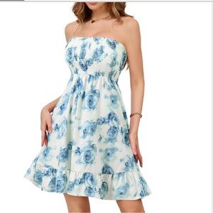 Bridesmay Dresses Strapless Smocked Floral Sundresses Blue White Flower 2XL